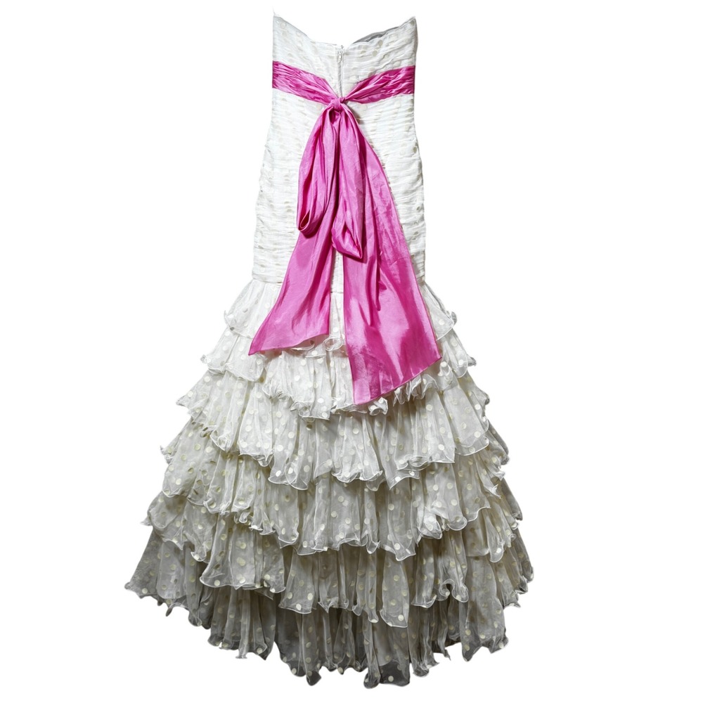 Sherri Hill Strapless Mermaid Gown Polka Dot Tulle Tiered Dress Pink Sash 8 - Picture 10 of 13